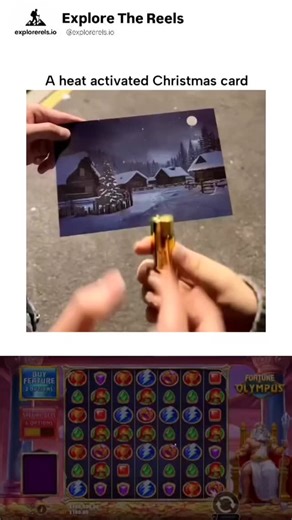 Explore The Reels on Instagram: "The post features a 13-second video of a thermochromic Christmas card depicting a dark snowy village; applying heat from a butane lighter reveals hidden illuminated windows and tree lights, creating a "magical" glow effect that resets after cooling. Thermochromic inks in the card use leuco dyes that turn transparent at around 30°C, exposing underlying colorful prints; this reversible process, based on molecular structure changes, makes the card reusable and safe 