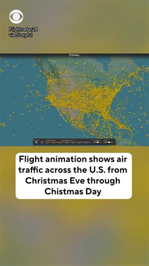 CBS News on Instagram: "An animation from Flightradar24 shows a surge in holiday travel from Christmas Eve through Christmas Day. With travel delays and flight cancellations across the country due to a major winter storm hitting the northeastern U.S., many travelers were stranded after the holidays. More than 9,000 flights were delayed, and 1,700 domestic flights were canceled on Friday, according to FlightAware."