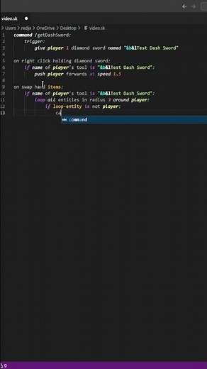 Dash Sword [Kill Nearby Entities - F] | Skript turtorial |#minecraft #hypixel#gamin#turtorial#coding