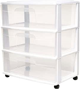 HOMZ Drawer Tower, 3-Tier Wide Clear Plastic Storage Organizer Cart, White Frame - Rolling Containers with Wheels for Bathroom, Bedroom, Office, and Classroom Organization