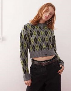 COLLUSION cropped argyle knit cardigan in gray | ASOS