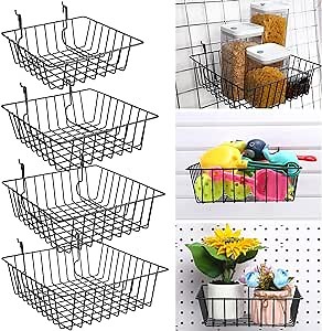 Barydat 4 Pcs Slatwall Gridwall Baskets Black Metal Wire Baskets for Gridwall, Slatwall Accessories, Pegboard Wall Mount for Organizing Retail Display Shop(12x12x4, 11x11x3.5, 10x10x3, 9x9x2.8 In)