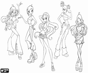 Bloom, Stella, Musa, Tecna and Flora coloring page printable game