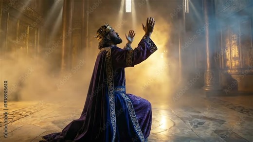 Biblical King Solomon Praying in the Golden Temple of Jerusalem with Divine Glory and Smoke.