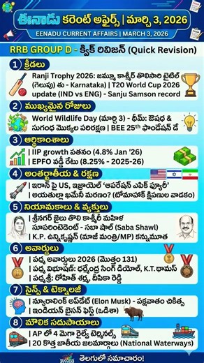 today enadu Newspaper current affairs Telugu - March 3 || #currentaffairstelugu