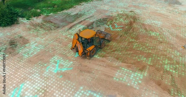 The concept of a smart grader. A smart construction site. The grader works at the construction site. Visualization of smart construction