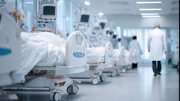 Modern Intensive Care Unit: An expansive, modern intensive care unit featuring clean hospital beds, advanced medical equipment, and a professional, focused staff providing the highest level of care.