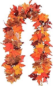 5.7 ft Artificial Maple Leaf Garland, Autumn Leaf Foliage Garland Fall Decorations for Home, Garden, Room, Fireplace, Porch, Thanksgiving Day, Halloween, Wedding Party Supplies, Indoor Outdoor Decor