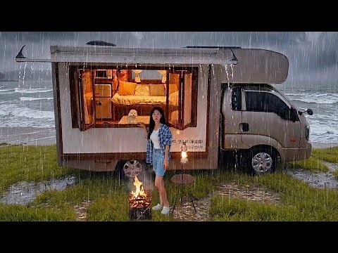☔️ Romantic rain camping with a dog in a cabin truck at the beach in heavy rain | ASMR