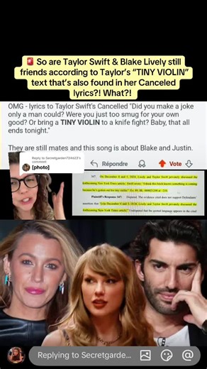 Replying to @Secretgarden724623 So are Taylor Swift & Blake Lively still friends according to Taylor’s “TINY VIOLIN” text that’s also found in her Canceled lyrics?! What?! #taylorswift #blakelively #justinbaldoni #ryanreynolds #itendswithus