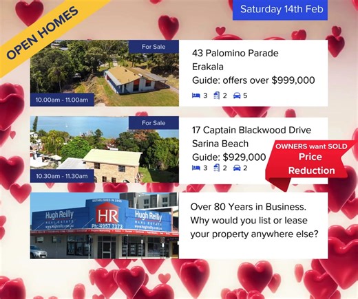 💘 Fall in Love with Your Next Address Two Stand-Out Homes | Two Open Homes | One Perfect Valentine’s Weekend Acreage Romance – Eralaka OPEN: Saturday 14 Feb | 10.00–11.00am Set high on 5 acres, this freshly painted home is easy to love — sweeping rural views, cooling breezes and space to breathe. ✔️ 3 bedrooms office ✔️ Sheds, stables & room to grow ✔️ A peaceful country lifestyle, just minutes to town Coastal Crush – Sarina Beach OPEN: Saturday 14 Feb | 10.30–11.30am Wake up to ocean sunrises 