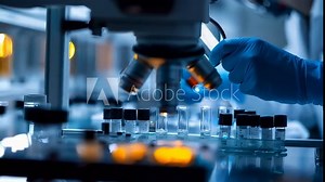 Scientist is using a microscope and a magnifying glass while working with samples in a modern laboratory, showcasing cutting edge research and analysis techniques