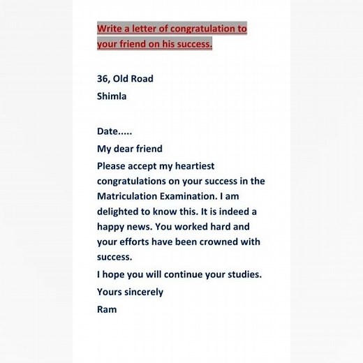 Write a letter of congratulation to your friend on his success||Letters writing||English grammar