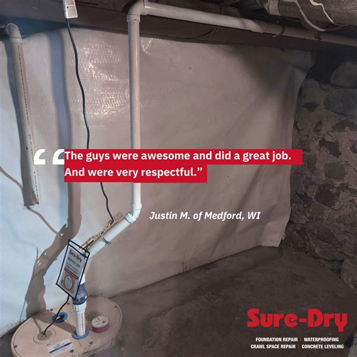⭐ Testimonial Tuesday ⭐ Justin M. in Medford, WI reached out to Sure-Dry after ongoing water intrusion and foundation concerns were impacting his basement. Our team installed a WaterGuard® interior drainage system, a SuperSump® sump pump, CleanSpace® wall vapor barrier, and EverBrace® foundation wall stabilization to address both moisture control and long-term structural stability. The result is a basement that stays dry, protected, and reinforced—giving Justin confidence that his home is safegu