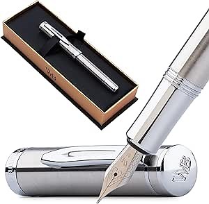 Wordsworth and Black Fountain Pen Mini EDC: Luxury Silver Heavy Pocket Pen, Chrome Finish, Medium Nib, 6 Ink Cartridges, Ink Converter, Travel Refillable Writing Pen Gift Set, Men & Women