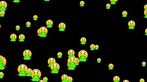 Vomiting emoji. Emoticon throwing up, yellow face with X-shaped eyes spewing green vomit. Animated falling emojis. Social media icons symbol animation with green screen background.