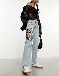 Ed Hardy low rise straight leg jeans with koi embroidery | ASOS