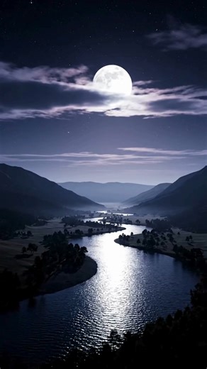The moon hangs like a white ember above the hills, its glow resting on the water and stretching into a trembling ribbon of light that winds through the valley. ​ Dark slopes lean in from both sides as if listening, their shadows cradling small clusters of trees that dot the riverbanks like quiet guardians. ​ Stars glimmer faintly in the deep blue sky, tiny witnesses to the slow journey of the water as it mirrors the moon’s patient face. ​ In this hush, the river looks like a path the night has d