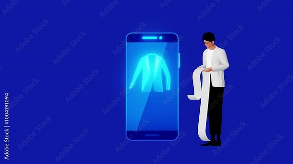 E-commerce. A man holds a cheque in his hand and checks his clothing purchase on his gadget site. Professional e-commerce application, modern IT technology, making online purchase in abstract 3d anima
