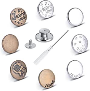 16 Sets Adjustable Buttons for Jeans, 17mm No Sew Instant Metal Buttons, Removable Jean Buttons Replacement Repair Kit with Threads Rivets and Screwdrivers