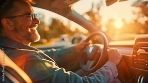 Happy man driving an electric car driving an EV at sunset View inside the car with the steering wheel in hand.