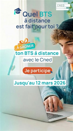 🧭Quel BTS à distance est fait pour toi ? ✳️ Vous souhaitez préparer un BTS l'année prochaine ? Grâce à notre quiz, découvrez le BTS qui vous correspond le plus en deux minutes chrono ! ⏱️ ℹ️ Retrouvez toutes les infos pour participer ici ⏩ https://www.cned.fr/promotions-offres-speciales-et-packs-de-formations/jeu-concours-quel-bts-a-distance-est-fait-pour-toi?mtm_source=facebook&mtm_medium=social 🎁 Le quiz est accessible jusqu'au 12 mars 2026. À l'issue, un tirage au sort sera effectué 👇 🎉 3