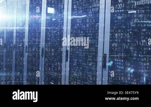 Animation of data processing binary coding over computer servers in background. global data processing, computing and digital interface concept digitally generated video Stock Video Footage - Alamy