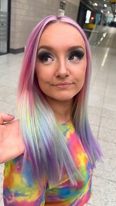 DAY 2 with @manicpanic_uk on my gorgeous model , I diluted 6 Manic Panic shades by adding only a teaspoon of colour to a bowl of conditioner to create our own custom pastel shades on @hevvy_c 🌈 I used the Silver Stiletto shampoo in between the rainbow sections to create a metallic sheen on the hair for a holographic effect. That also protected the blonde hair from being colored when it came to the color transferring at the sink , it adds a protective layer to the ash blonde. The ash tone in thi