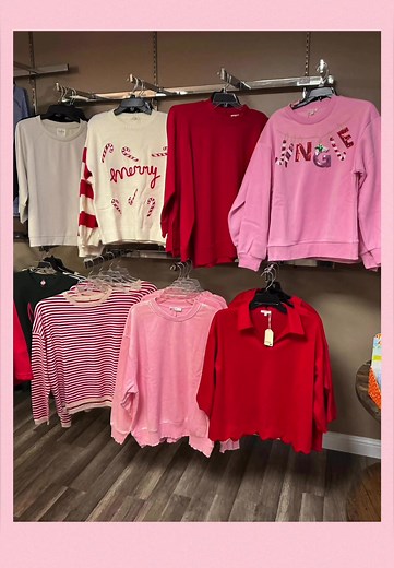✨ Anyone else getting a little Sugar Plum Fairy vibe? ✨ We’ve got just what you need to add a sprinkle of Christmas magic to your wardrobe! 💖🎄 From cozy candy cane stripes to merry and bright pinks and reds — these festive tops are ready for all your holiday fun! Stop by and find your favorite before they’re gone! ❤️💗🤍 | Rebecca Webb