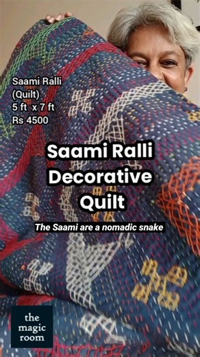 Ralli quilt from Bikaner, in Saami design. The Saami are a snake charmer community. They are nomadic; they are found in Sindh, Balochistan, Western Rajasthan and Gujarat. The Saami make rallis from recycled cloth, but these quilts are made from new cloth, in a small village near Barmer, where the same designs are embroidered by local women. The word ralli itself means joining or mixing. It is typically spread on a wooden charpoy. It can be used as a decorative cover, or a blanket, or folded and 