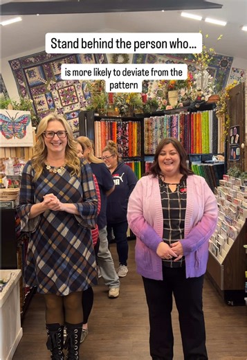We saved the best questions for last 😈 Do you know Angela and Erin well enough to answer any of these questions? Follow for more fun at the quilt shop! #QuiltingHumor #SewingHumor #StaffActivity #WorkplaceFun #QuiltShop