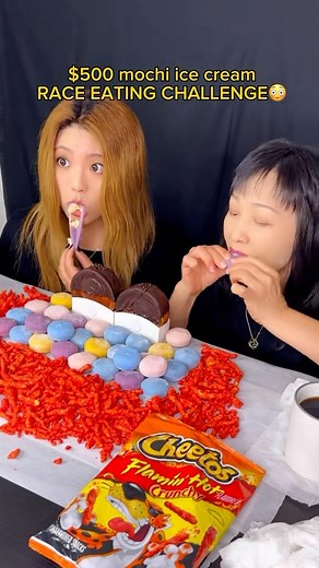 Kim&Liz on Instagram: "Mochi ice cream race! Full video on YouTube :) #food #eating #mukbang #mochi #dessert #icecream #asmr"