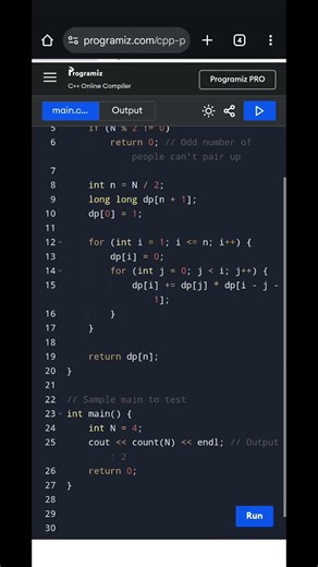 Count Non-Crossing Handshakes in a Circle | C++ Dynamic Programming | Catalan Number Problem