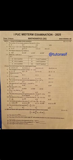 PUC-1, Mathematics, midterm exam, karnataka boards 2025-26