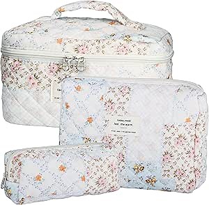 TESAFNG Quilted Makeup Bag Set - 3 PCS Cute Floral Cotton Makeup Bag, Large Coquette Aesthetic Make up Cosmetic Bag, Flower Travel Toiletry Organizer Bags for Women Girls