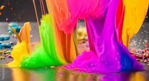Exploding liquid paint in rainbow colors with splashes