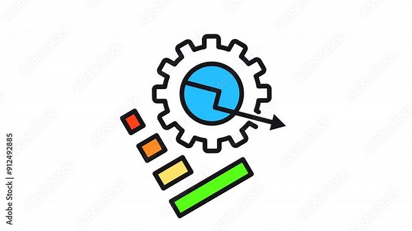 motion icon Gear with upward trending graph, four bars representing growth.