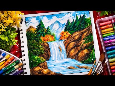 Waterfall Scenery Drawing Step by Step | Easy Landscape Drawing for Beginners🌊 