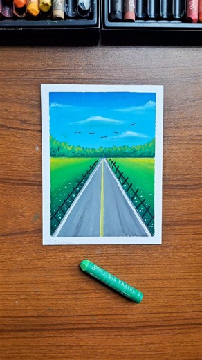 Easy Road Scenery Drawing 🌅 | Sunset Landscape with Oil Pastels