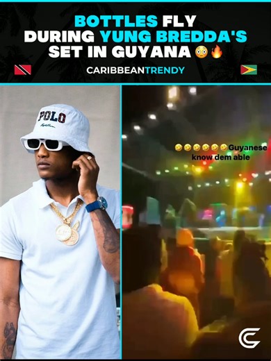 Bottles started flying during Yung Bredda’s set in Guyana after a man jumped on stage, triggering backlash from the crowd. Fans began throwing bottles at the man, causing chaos and forcing Bredda to run off stage for cover as security stepped in. What’s your take on this situation? 👀🔥 #caribbeantrendy