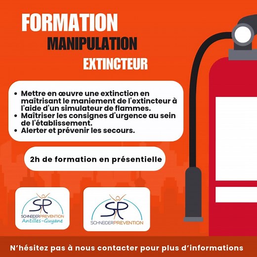 Formation manipulation extincteur La formation à la manipulation des extincteurs répond à l'article R.4227-39 du Code du travail qui impose aux salariés d'agir face à un début d'incendie. Cela impose donc à l'employeur de former l'ensemble de ses personnels. N'hésitez pas à nous contacter si vous souhaitez former vos collaborateurs. Formation partout en France et en Outre-mer. contact@schneider-prevention.fr 07 67 57 38 42 (métropole) / 05 94 32 37 13 (Guyane) #formation #schneiderprevention #fo
