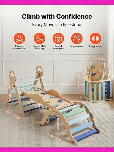 VEVOR Pikler Triangle Set, 9-in-1 Toddler Climbing Toys Indoor, with 2 Wooden Cars. #best #attitude