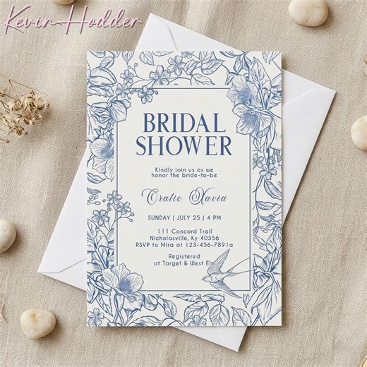 Blue Floral Bridal Shower Invitation, Elegant Vintage Wedding Shower Invite, Custom Bride to Be Card - Etsy