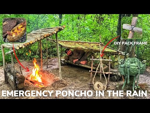 Solo Overnight Using an Emergency Military Poncho in The Rain and Baked Bacon Potato with Steak