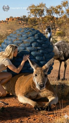 Kangaroo Rescue: The Emu Who Brought Hope #animalrescue #kangaroo #outbackrescue In the vast red expanse of the Australian outback, a kangaroo lay weakened, its body burdened by a blue mass resembling a pinecone threatening its very survival. Hope seemed lost—until a blonde woman, a dedicated outback rescuer, and her loyal emu companion spotted its silent struggle. Bound by an extraordinary, wordless bond, the woman quickly examined the kangaroo. Realising time was critical, she gave a sharp sig