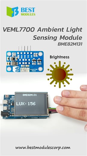 The BME82M131A is a high-precision ambient light detection module developed by Best Modules, integrating the Holtek MCU HT66F2040 with the VEML7700 ambient light sensor. The module provides 16-bit resolution and supports a detection range of 0–120 klx, along with adjustable gain and integration time settings to accommodate various lighting conditions. It also supports cascading up to 8 modules, making system expansion more flexible. The module is suitable for applications such as surveillance sy
