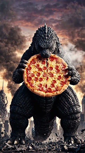 godzilla eating large pizza