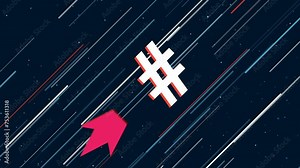 Hash symbol flies through the universe on a jet propulsion. The symbol in the center is shaking due to high speed. Seamless looped 4k animation on dark blue background with stars