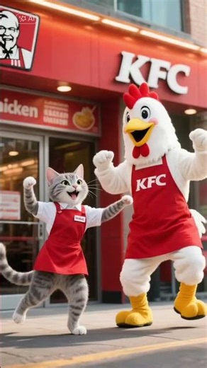 A cute anthropomorphic cat working at KFC #aivideoediting #aivideoediting #videofunny
