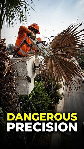 High-altitude palm pruning with precision cuts #dangerous #satisfying #arborist